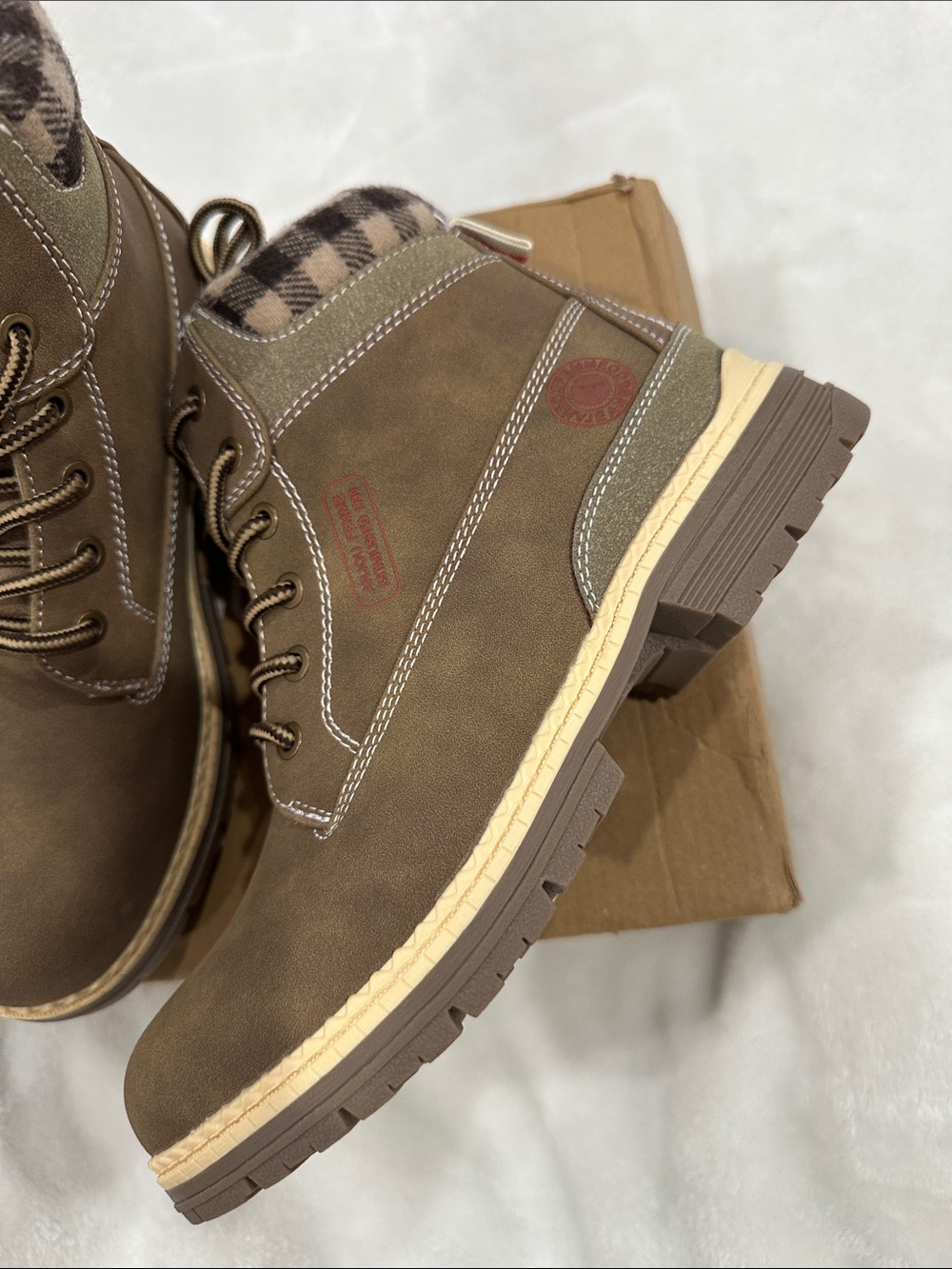F&F Brown Lace-Up Work or hiking Boot with Plaid Collar - Picture 9 of 12